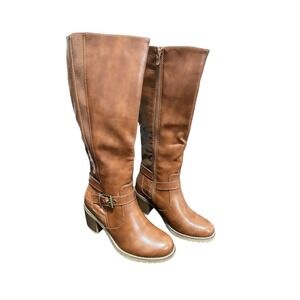 Brown Faux Leather Knee High Boots Women's Buckle Detail Crocodile Embossed